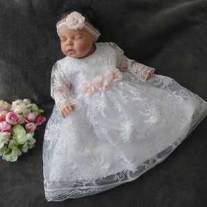 Abito da battesimo di Chloe, abito da festa + fascia + scarpe taglia Amelie. 56, 62, 68, 74, 80, 86 Abito da battesimo a maniche lunghe per neonata | Ragazze Bambine