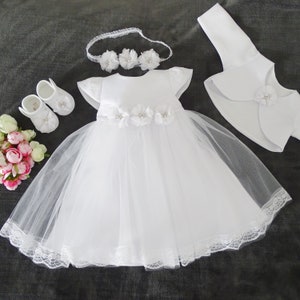 Livia christening dress, party dress + headband, set 4 pieces. Color: white size. 56, 62, 68, 74, 80, 86, 92, 98