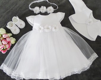 Livia christening dress, party dress + headband, set 4 pieces. Color: white size. 56, 62, 68, 74, 80, 86, 92, 98