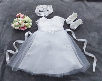 EMMA christening dress, party dress + headband set 2 pieces. Color: white size. 56, 62, 68, 74, 80, 86, 92, 98,104