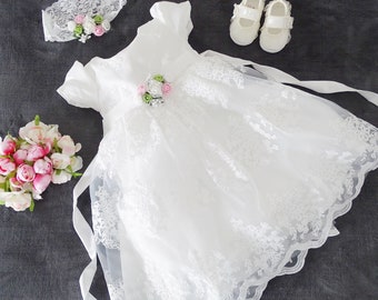 ELLE Traditional long baptism dress party dress + headband set 2 pieces. Color: ecru/ivory, size. 56, 62, 68, 74, 80, 86, 92, 98