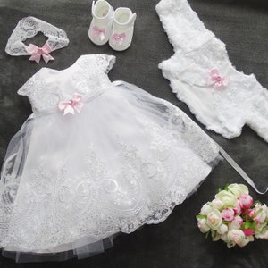 Charlotte Christening Gown, Formal Dress + Headband + Shoes + Bolero Set 4 Pieces. Color: white / pink. Sizes 56, 62, 68, 74, 80, 86, 92, 98