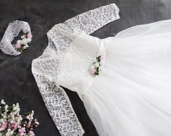 Flower girl, lace girl dress, ecru lace dress, flower girl dress ecru lace, first communion dress size 104-164