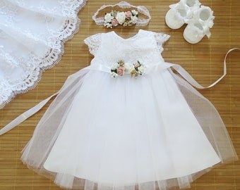 Christening gown, baby dress, white christening gown, baby boho christening gown, baby girl lace dress, baby girl wedding dress