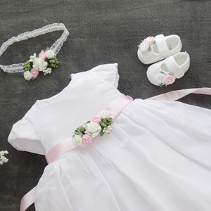 Vanessa baptism dress, party dress headband shoes color: white size. 56, 62, 68, 74, 80, 86, 92, 98 Baptism Dress, Christening Dress Baby image 3