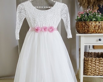 Blumenmädchenkleid  Prinzessin Spitzenkleid Lange A-Linie Tüllkleid Festliche Mädchenkleider Party Hochzeit Brautjungfern Kommunionkleid