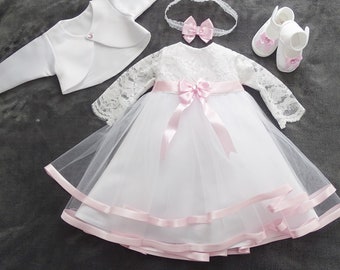 Robe de baptême, robe de soirée + bandeau, ensemble 4 pièces. Manches longues "CLARA" couleur : blanc/rose taille. 56, 62, 68, 74, 80, 86, 92, 98