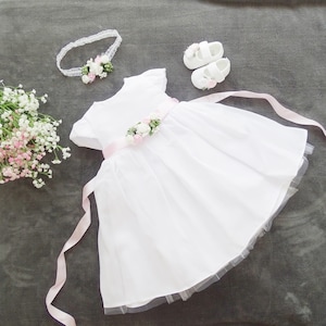 Vanessa baptism dress, party dress + headband + shoes color: white size. 56, 62, 68, 74, 80, 86, 92, 98 Baptism Dress, Christening Dress Baby