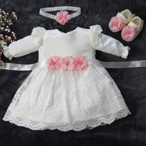 Baptism dress, Christening dress, Ecru dress with lace, baby dress girls baptism christening dress