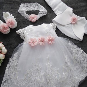 Baptism dress, party dress headband, set 4 pieces. Color: white/pink size. 56, 62, 68, 74, 80, 86, 92, 98 image 7