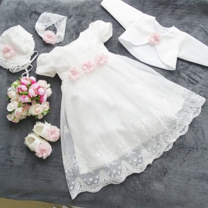 Dana christening dress, party dress + headband + bolero set 5 pieces. Color: ivory ecru size 56, 62, 68, 74, 80, 86,92,98