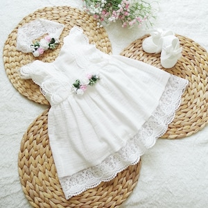 ANNA Muslin Dress + Ribbon Ecru Dress with Lace, Muslin Dress, Christening Dress, Baptism Dress, 1st Birthday