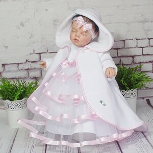 Christening robe, coat, color: white & pink, fleece, size 56, 62, 68, 74, 80, 86, 92