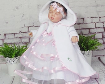 Christening robe, coat, color: white & pink, fleece, size 56, 62, 68, 74, 80, 86, 92