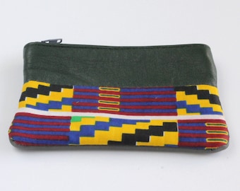 Coin purse, Handmade, Recycled, Upcycled Leather, African Print, Wallet, Creditcard holder, Cardholder, Green, Yellow, Grey, kitenge, ankara