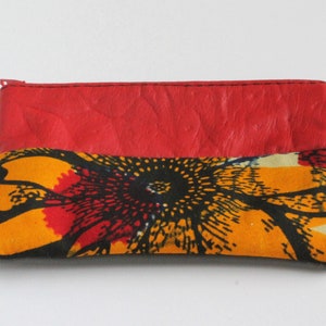 Porta-moedas, feito à mão, reciclado, couro reciclado, estampa africana, carteira, porta-cartão de crédito, porta-cartão, vermelho, mostarda, cinza, kitenge, ancara