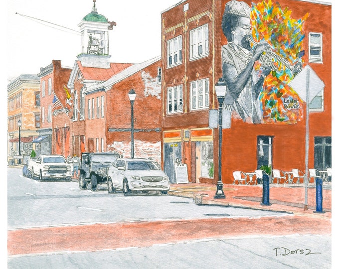 Jazz on Market Street, watercolor, Frederick, Maryland, artwork, wall art