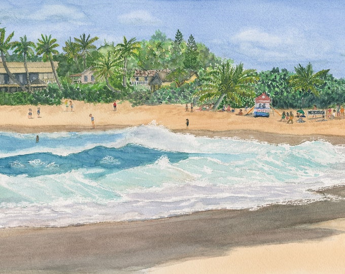 Sunset Beach, Watercolor, Giclee Print, Original, Hawai'i, Oahu, Sand & Surf, beach, ocean, artwork, wall art, beach house, surfing