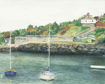 Fort McClary - Watercolor, Giclee Print, ocean, artwork, wall art, coast, rocks, coastal, sailboats, harbor, Tom Dorsz Watercolors