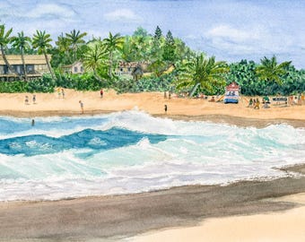 Sunset Beach, Watercolor, Giclee Print, Original, Hawai'i, Oahu, Sand & Surf, beach, ocean, artwork, wall art, beach house, surfing