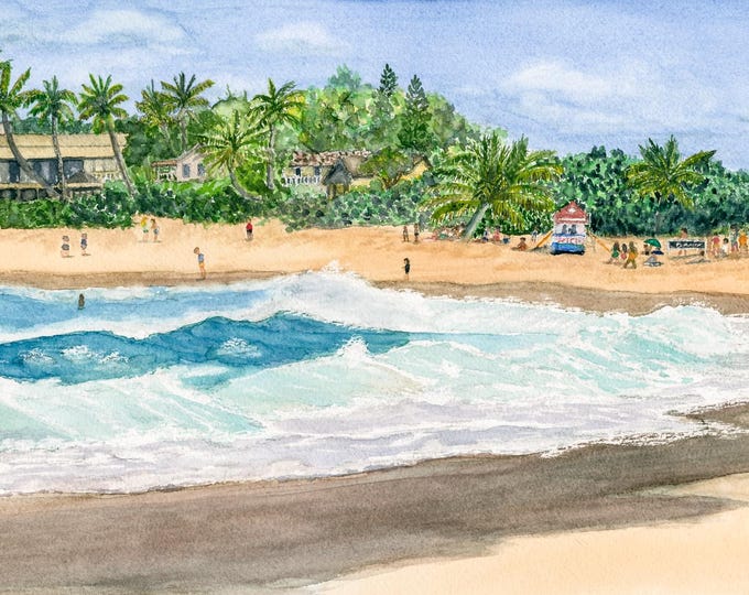 Sunset Beach, Watercolor, Giclee Print, Original, Hawai'i, Oahu, Sand & Surf, beach, ocean, artwork, wall art, beach house, surfing