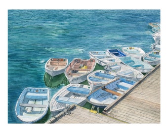 Dinghies, Watercolor, art, original, print, ocean, artwork, wall art, coast, Maine, boats, harbor, New England, Tom Dorsz Watercolors