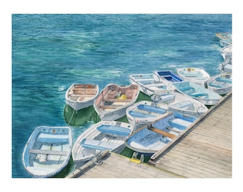 Dinghies, Watercolor, art, original, print, ocean, artwork, wall art, coast, Maine, boats, harbor, New England, Tom Dorsz Watercolors