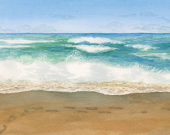 Waioli Beach, Watercolor, Giclee Print, Original, Hawaii, Kauai, Sand & Surf, beach, ocean, artwork, wall art, beach house