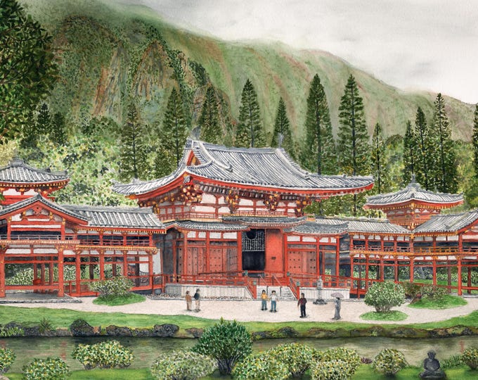 Byodo-in Temple, Watercolor, print, original, Hawaii, buddhist, Feng Shui, Artwork, Wall Art, print, Giclee, fine art, Tom Dorsz Watercolor
