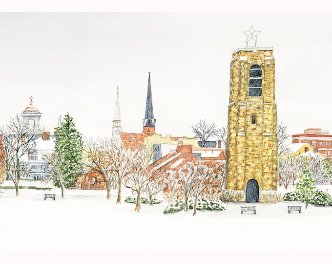 Baker Park in the Snow, Watercolor, Original, Giclee, Print, Frederick, Maryland, church, steeples, small town, historic, artwork, wall art