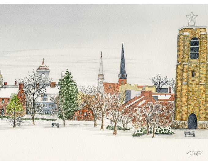 CHRISTMAS CARD - Baker Park in the Snow, watercolor print, winter, decor, holiday, Christmas, snow, Dorsz
