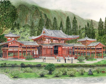 Byodo-in Temple, Watercolor, print, original, Hawaii, buddhist, Feng Shui, Artwork, Wall Art, print, Giclee, fine art, Tom Dorsz Watercolor