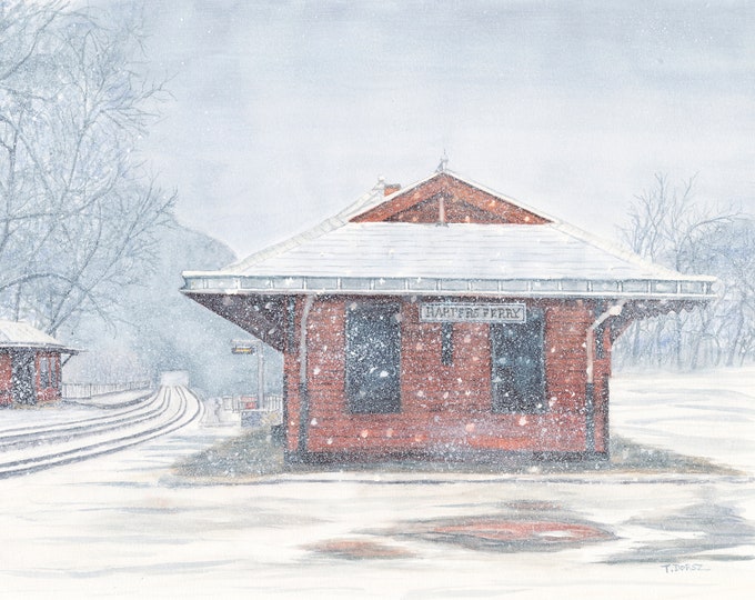 Harpers Ferry Train Station/West Virginia/snow/Watercolor/Print/giclee/wall art/artwork/decor/Dorsz