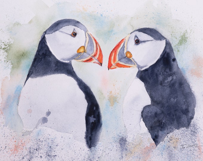 Atlantic Puffin, Watercolor, Giclee, Print, art, wall art, birds, mating, love, artwork, painting,