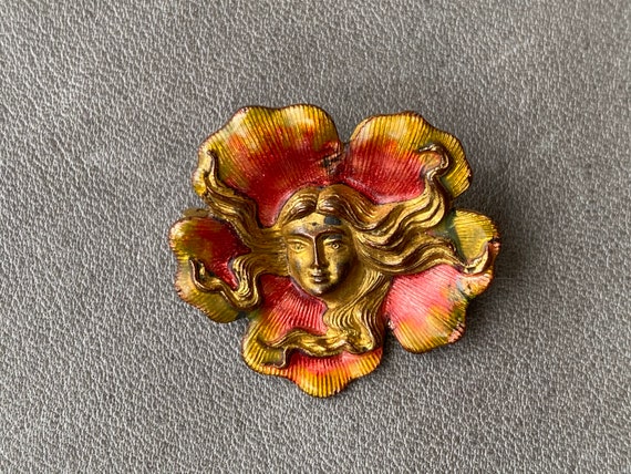 Art Nouveau Golden Pink Lady Brass Brooch - image 3