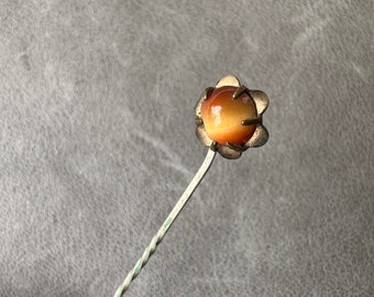Antique Victorian TINY gold tone with orange yellow glass cabochon prong set stick pin