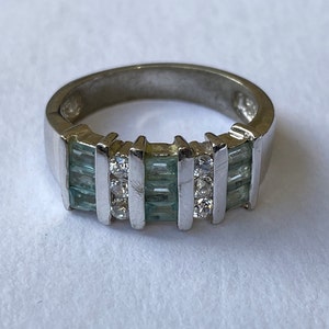 Vintage Aqua and Clear Cubic Zirconia sterling engagement ring
