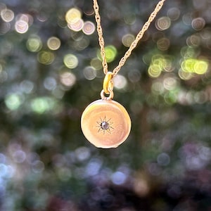 May include: A gold chain necklace with a round pendant featuring a starburst design with a small black gemstone in the center.