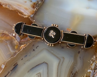 Antique gold fill ONYX and seed pearl bar pin brooch with intricate surround design