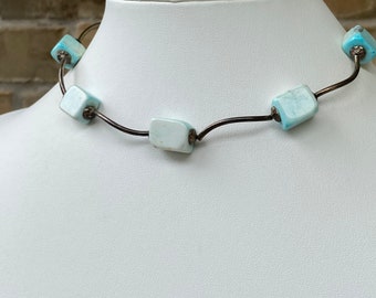 Vintage sterling silver light blue stone bead choker necklace