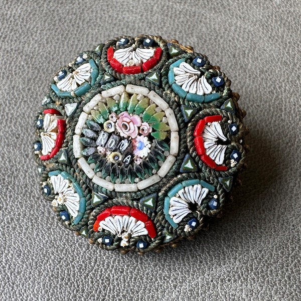 Vintage Italian Round Micro Mosaic ROMA Souvenir Brooch Pin Made in Italy