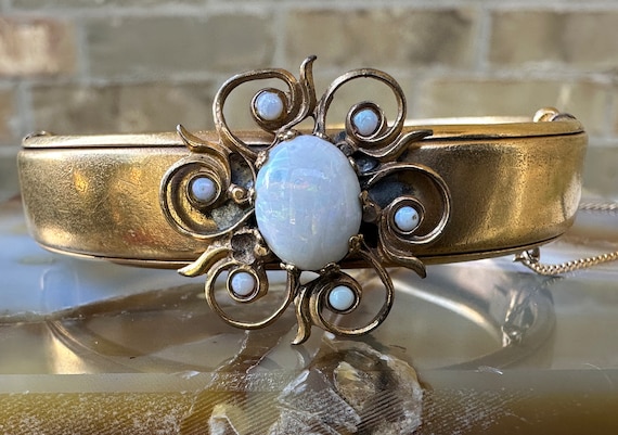 Victorian White Opal Gold Filled Bangle Bracelet … - image 1