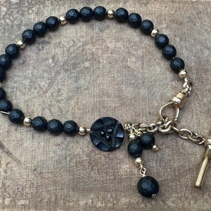 Antique Onyx Watch Chain Bracelet, Gold Filled, T-Bar Clasp, Carved Button