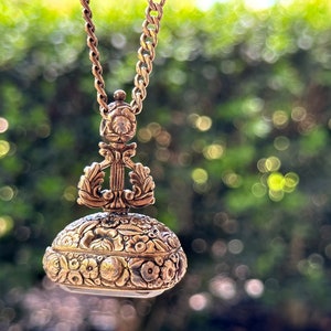Victorian Gold Cased Watch Fob Necklace: Lyre Harp, Clear Stone