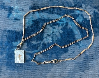 Victorian Abalone Bible Cross Necklace: Antique Watch Chain Fob