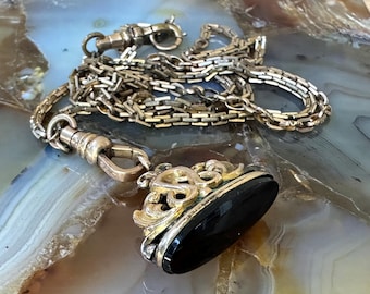 Victorian Embossed FOB Necklace: Black Stone Antique Watch Chain