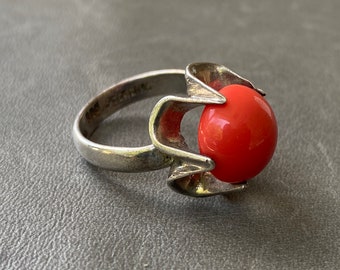 CORAL color glass stone prong flower set sterling statement ring