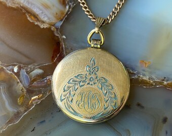 Antique Victorian SIMMONS Locket with initials HMJ with gold filled Chain Necklace