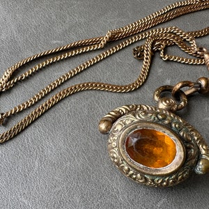 Victorian yellow orange stone/glass Watch Seal FOB paired with long watch chain