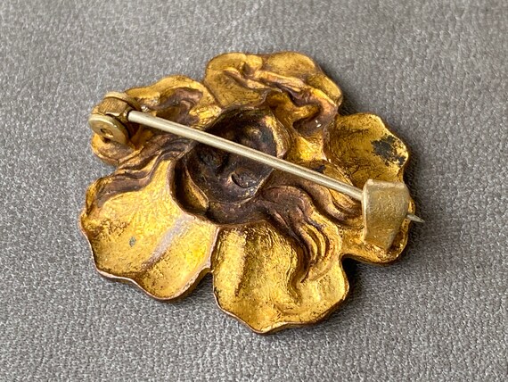 Art Nouveau Golden Pink Lady Brass Brooch - image 7